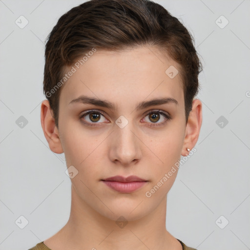 Neutral white young-adult female with short  brown hair and brown eyes