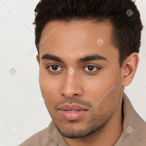 Neutral white young-adult male with short  brown hair and brown eyes