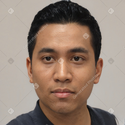 Neutral asian young-adult male with short  black hair and brown eyes