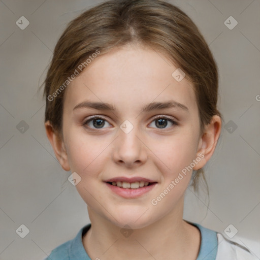 Joyful white child female with medium  brown hair and brown eyes