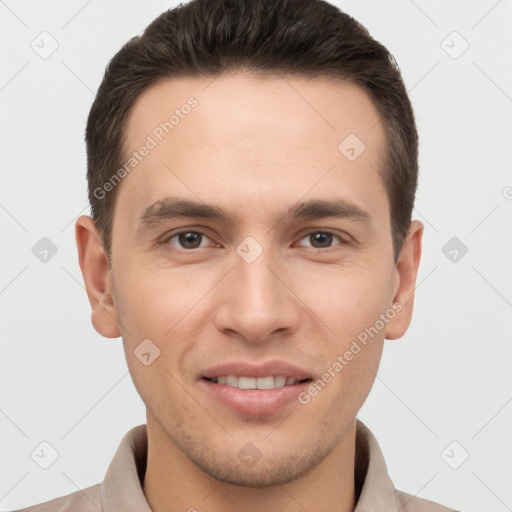 Joyful white young-adult male with short  brown hair and brown eyes