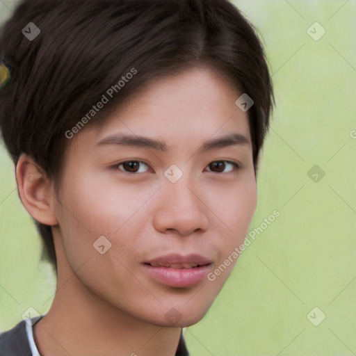 Neutral white young-adult female with short  brown hair and brown eyes