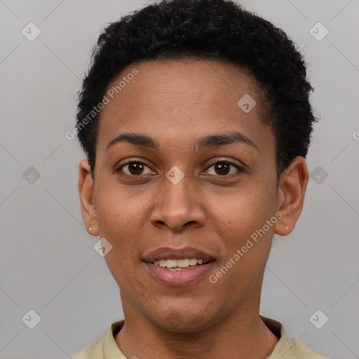 Joyful latino young-adult female with short  brown hair and brown eyes