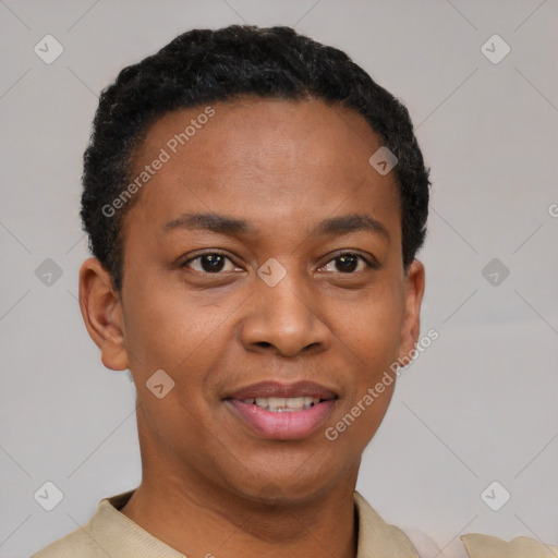 Joyful black young-adult female with short  black hair and brown eyes