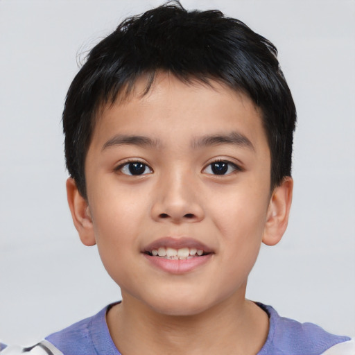 Joyful asian child male with short  brown hair and brown eyes