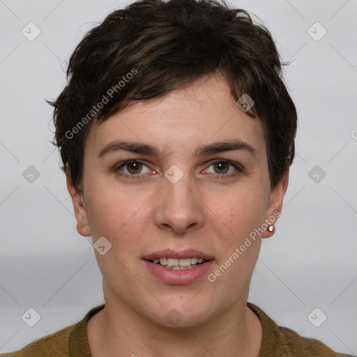 Joyful white young-adult female with short  brown hair and grey eyes