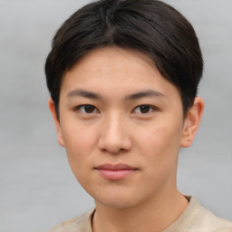 Neutral asian young-adult female with short  brown hair and brown eyes