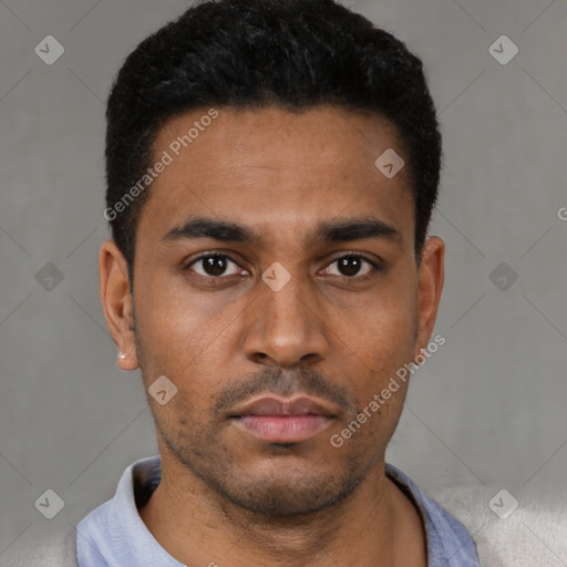 Neutral latino young-adult male with short  black hair and brown eyes