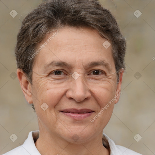 Joyful white middle-aged male with short  brown hair and brown eyes