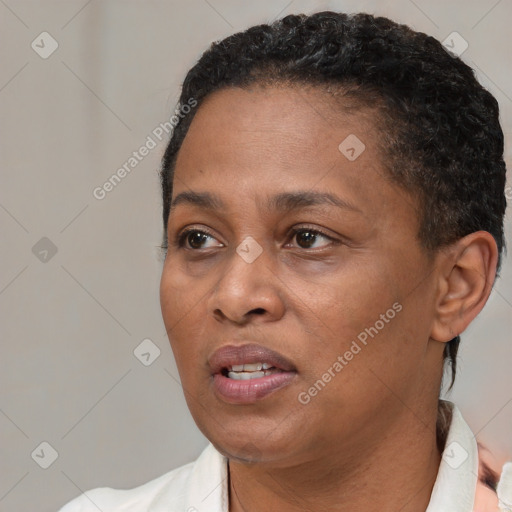 Joyful black adult female with short  brown hair and brown eyes