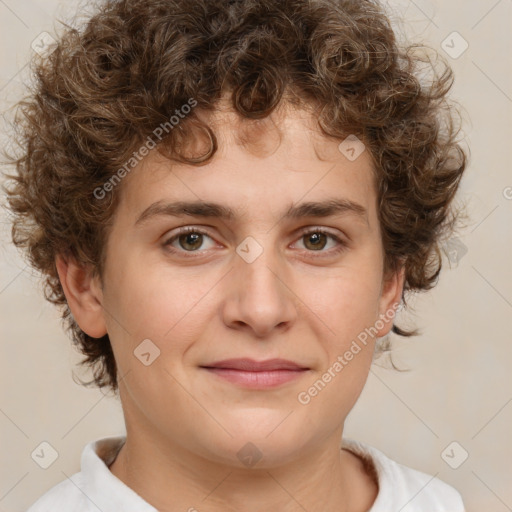 Joyful white young-adult male with medium  brown hair and brown eyes