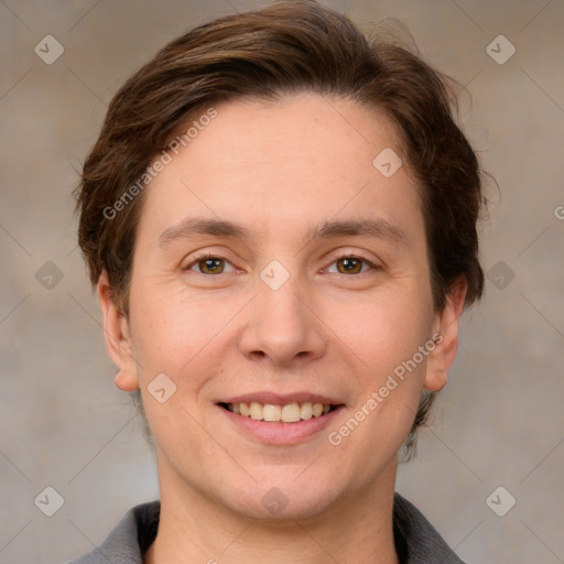 Joyful white adult female with medium  brown hair and grey eyes