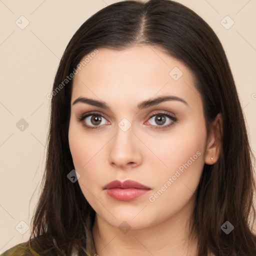 Neutral white young-adult female with long  brown hair and brown eyes