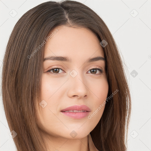 Neutral white young-adult female with long  brown hair and brown eyes