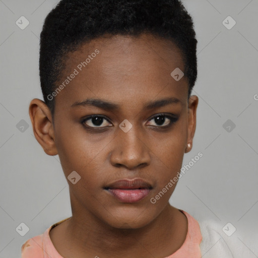 Neutral black young-adult female with short  brown hair and brown eyes