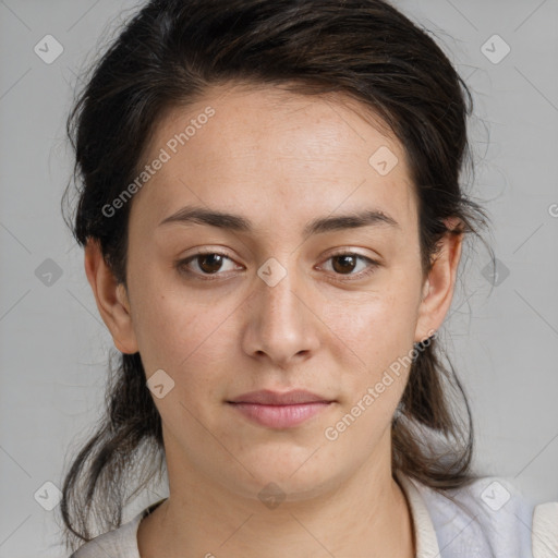 Neutral white young-adult female with medium  brown hair and brown eyes