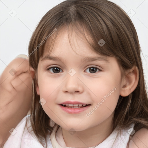 Joyful white child female with medium  brown hair and brown eyes