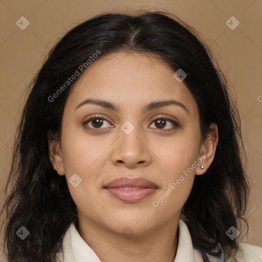 Joyful latino young-adult female with medium  brown hair and brown eyes