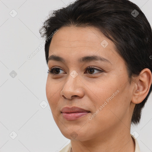 Joyful white young-adult female with medium  brown hair and brown eyes