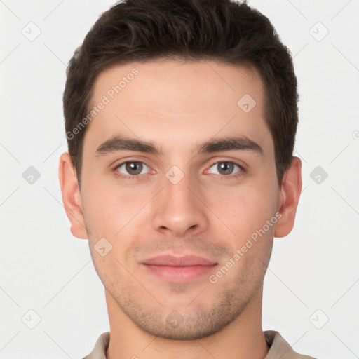 Neutral white young-adult male with short  brown hair and brown eyes