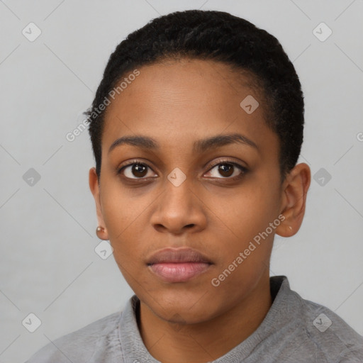 Neutral black young-adult female with short  black hair and brown eyes