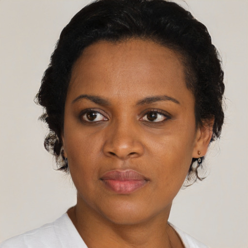 Neutral black young-adult female with medium  brown hair and brown eyes