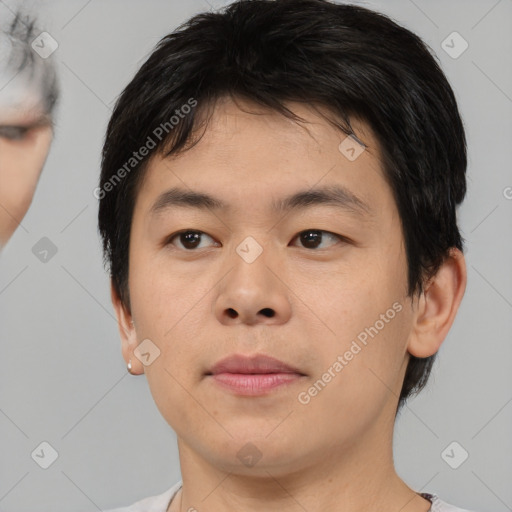 Neutral asian young-adult male with short  brown hair and brown eyes