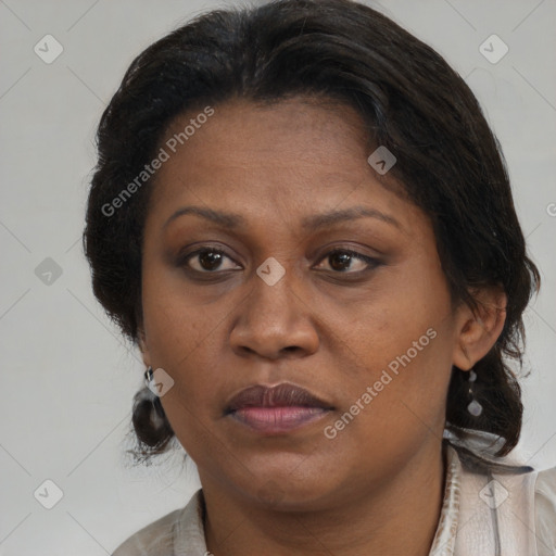 Joyful black adult female with medium  brown hair and brown eyes