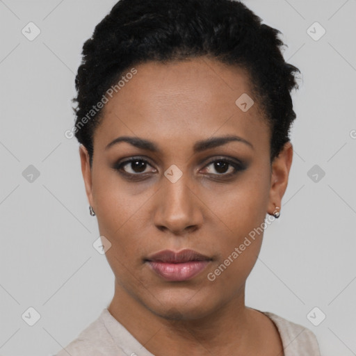 Neutral black young-adult female with short  black hair and brown eyes