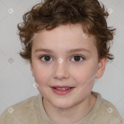 Joyful white child female with short  brown hair and brown eyes