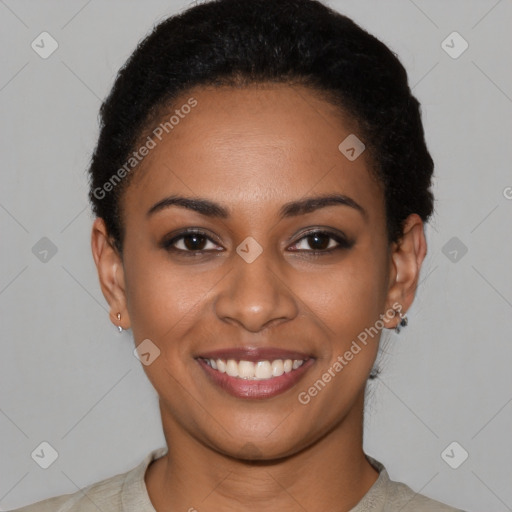 Joyful latino young-adult female with short  black hair and brown eyes