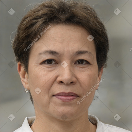 Joyful white adult female with short  brown hair and brown eyes