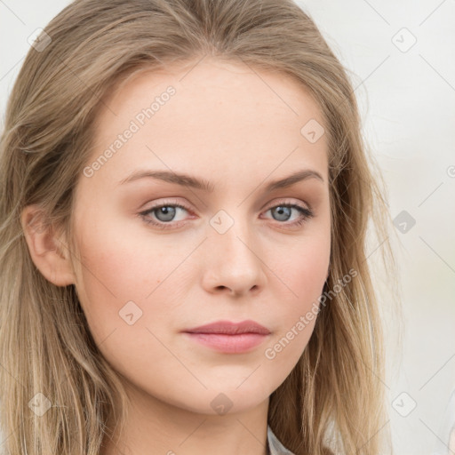 Neutral white young-adult female with long  brown hair and blue eyes