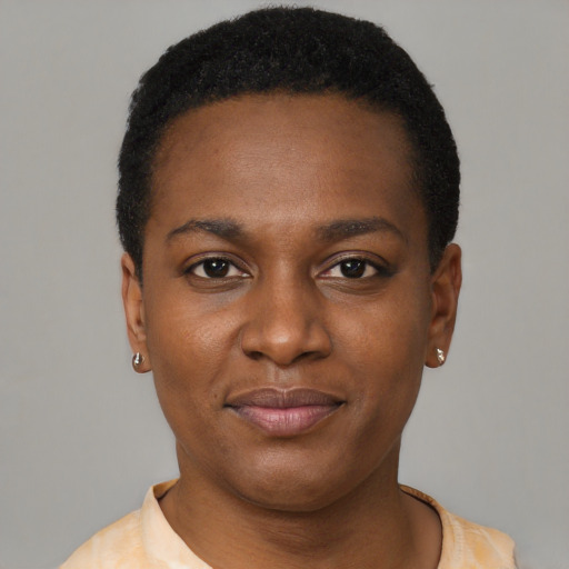 Joyful black young-adult female with short  black hair and brown eyes