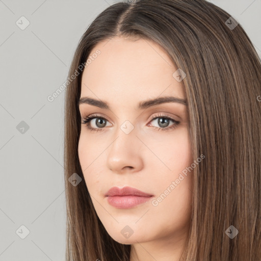 Neutral white young-adult female with long  brown hair and brown eyes