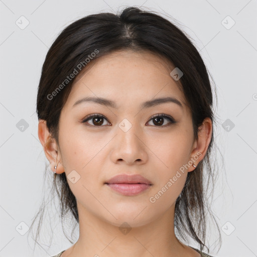 Neutral asian young-adult female with medium  brown hair and brown eyes