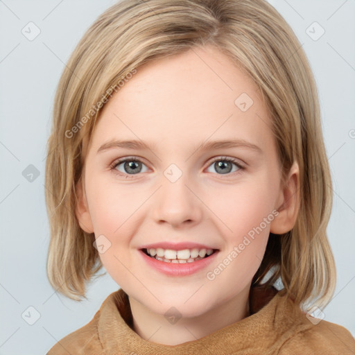 Joyful white child female with medium  brown hair and grey eyes