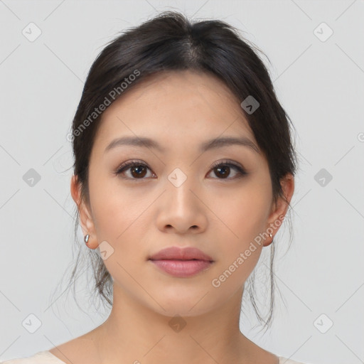 Neutral asian young-adult female with medium  brown hair and brown eyes