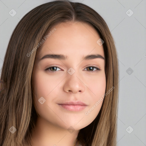 Neutral white young-adult female with long  brown hair and brown eyes