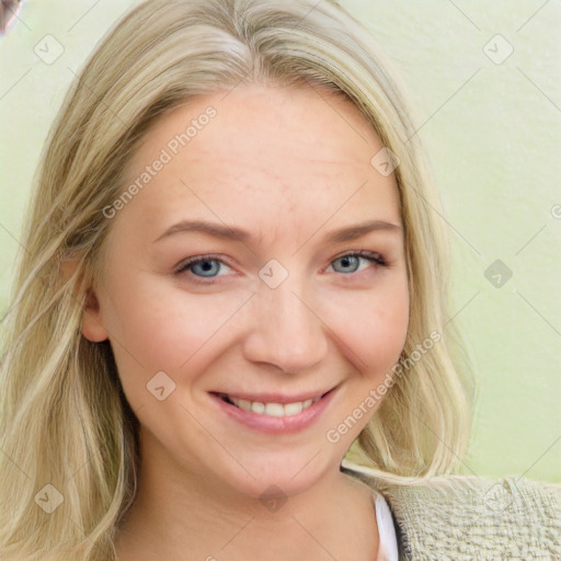 Joyful white young-adult female with medium  brown hair and blue eyes