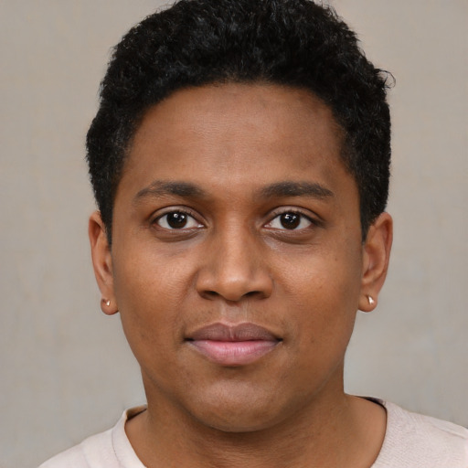 Neutral black young-adult male with short  black hair and brown eyes