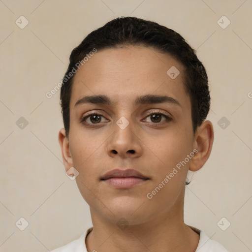 Neutral latino young-adult female with short  black hair and brown eyes