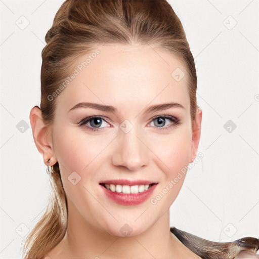 Joyful white young-adult female with long  brown hair and blue eyes