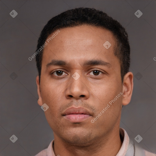 Neutral latino young-adult male with short  brown hair and brown eyes