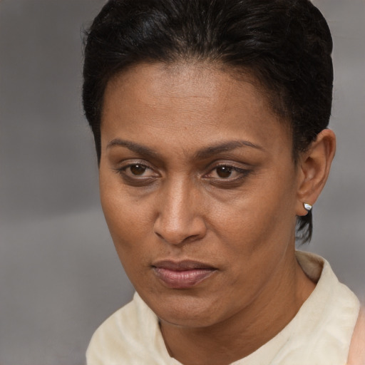 Neutral latino adult female with short  brown hair and brown eyes