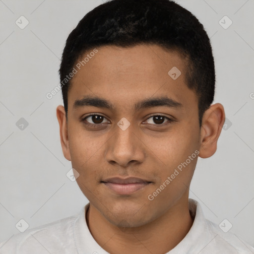 Neutral latino young-adult male with short  black hair and brown eyes