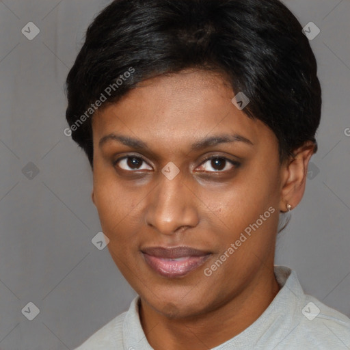 Joyful asian young-adult female with short  brown hair and brown eyes