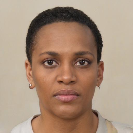 Neutral black young-adult female with short  black hair and brown eyes