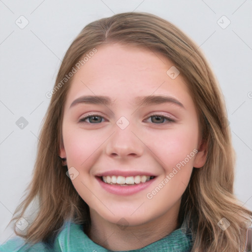 Joyful white young-adult female with medium  brown hair and blue eyes