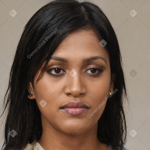 Joyful asian young-adult female with long  black hair and brown eyes